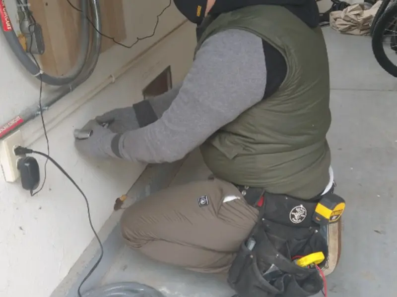 Electrician performing outlet wiring in a Olney garage